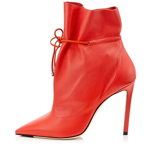 RUIBAOBAO Boots Damen High Heel Stiefel mit Knöchelriemen Schlupfstiefel Spitze Zehenpartie Stiletto Gelb Rot Dünner Absatz Mittlere Wadenhöhe Flache Öffnung Herbst Winter Büro Arbeit,Red,42 von RUIBAOBAO