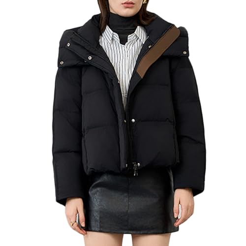 RUIBAOBAO Damen Daunenjacke Kurze Jacke Puffer mit Kapuze Lockerer Dicker Mantel Oberbekleidung Elastischer Kordelzug Winter Große Taschen Leicht Gesteppt mit Reißverschluss Warm,Black,M von RUIBAOBAO