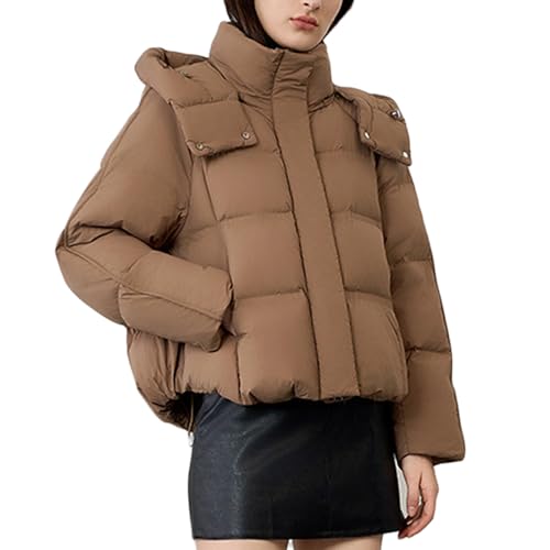 RUIBAOBAO Damen Daunenjacke Kurze Jacke Puffer mit Kapuze Lockerer Dicker Mantel Oberbekleidung Elastischer Kordelzug Winter Große Taschen Leicht Gesteppt mit Reißverschluss Warm,Brown,L von RUIBAOBAO