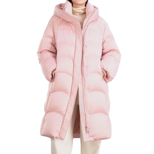 RUIBAOBAO Damen Daunenjacke Puffermantel Ultraleicht Lange Kapuze Stehkragen Knielang Verdickte Lockere Oberbekleidung Outdoor Puffer Reißverschluss Große Taschen Winterparka,Pink,XS von RUIBAOBAO