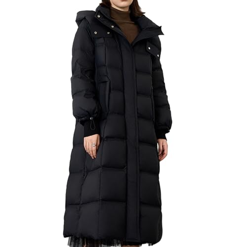 RUIBAOBAO Damen Lange Daunenjacke Puffer Oberbekleidung Dicker Mantel Stehkragen Kapuze Große Taschen Reißverschluss Leicht Locker Elastisch Kordelzug Braun Schwarz Outdoor Winter,Black,S von RUIBAOBAO