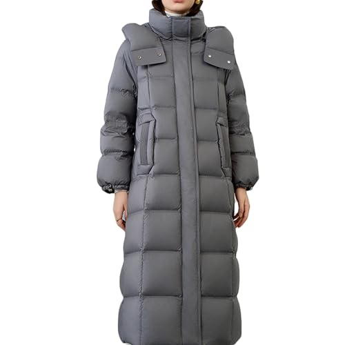 RUIBAOBAO Damen Lange Daunenjacke Puffer Oberbekleidung Dicker Mantel Stehkragen Kapuze Große Taschen Reißverschluss Leicht Locker Elastisch Kordelzug Braun Schwarz Outdoor Winter,Gray,L von RUIBAOBAO