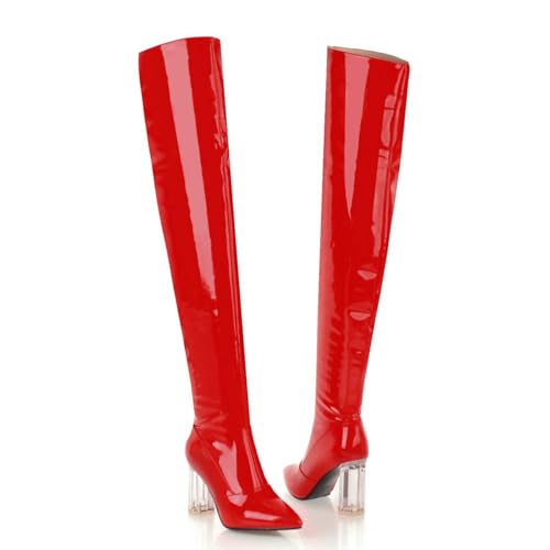 RUIBAOBAO Damen Over The Knee Boot Klobig Trendig für Den Bühnenauftritt Auf Dem Laufsteg Superhohe Absätze Herbst und Winter Weiß Silberfarben Langer Stiefel Modisch Bequem,Red,38 von RUIBAOBAO