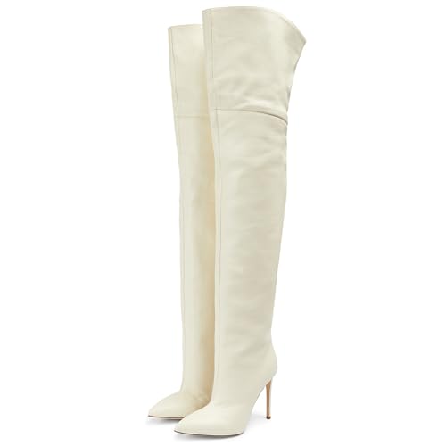 RUIBAOBAO Damen Stiefel mit Weitem Absatz Weißer Stiletto Overknee-Stiefel Slip-On Hohe Wade Spitze Zehenpartie Künstliche UI Ultrahoher Dünner Absatz,White,41 von RUIBAOBAO