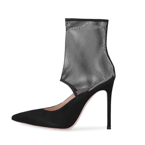 RUIBAOBAO Damenstiefel mit Hohem Absatz Aushöhlendem Netzstoff Freiliegender Spann Schlupfstiefel Spitze Zehenpartie Stiletto Dünner Absatz Mittlere Wadenhöhe Schwarz,Black,42 von RUIBAOBAO