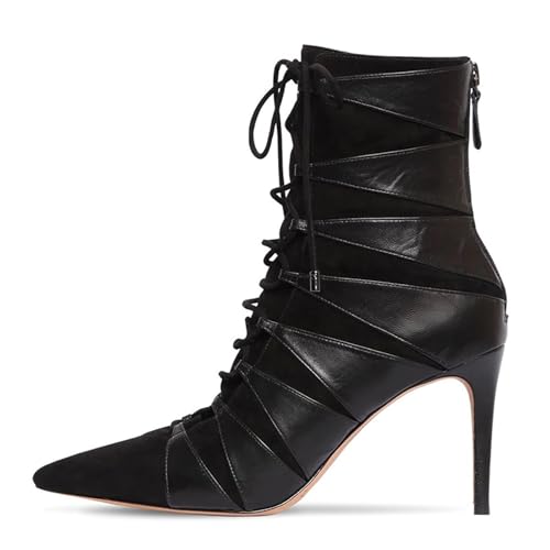 RUIBAOBAO Damenstiefel mit Hohem Absatz Gekreuzten Riemen Stiletto-Reißverschluss Hinten Spitze Zehenpartie Leder-Patchwork-Stiefel mit Knöchelabsatz Dünner Absatz Mittlere Wadenhöhe,Black,36 von RUIBAOBAO