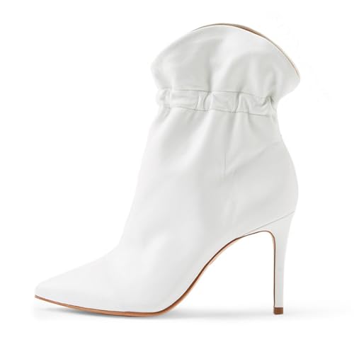 RUIBAOBAO Damenstiefel mit Hohem Absatz Stilettoabsatz Spitzer Zehenbereich Schlupfstiefel Elastischer Kordelzug Dünner Absatz Mittlere Wadenhöhe Flache Öffnung Knöchelstiefel mit Absatz,White,36 von RUIBAOBAO