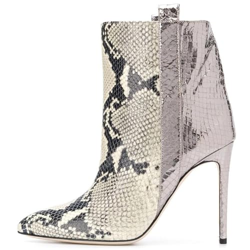 RUIBAOBAO Damenstiefel mit Schlangenmuster und Hohem Absatz Stilettoabsatz Spitze Zehenpartie Schlupfstiefel mit Knöchelabsatz Dünner Absatz Mittlere Wadenhöhe Flache Öffnung,Silver,35 von RUIBAOBAO