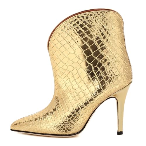 RUIBAOBAO Damenstiefel mit Steinmuster Metallic-Farbe hoher Absatz Stiletto Spitze Zehenpartie Schlupfstiefel mit Knöchelabsatz dünner Absatz wadenlang Schwarz/Gold Flache Öffnung,Gold,38 von RUIBAOBAO