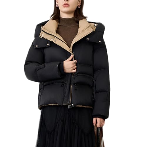 RUIBAOBAO Daunenjacke für Damen Kurzes Revers Pufferjacke mit Kapuze Lockerer Dicker Mantel Oberbekleidung Große Taschen Reißverschluss Rosa Lila Leicht Outdoor Winter,Black,M von RUIBAOBAO