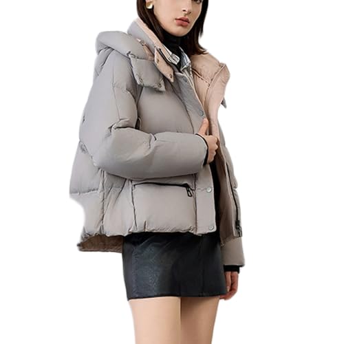 RUIBAOBAO Daunenjacke für Damen Kurzes Revers Pufferjacke mit Kapuze Lockerer Dicker Mantel Oberbekleidung Große Taschen Reißverschluss Rosa Lila Leicht Outdoor Winter,Gray,L von RUIBAOBAO