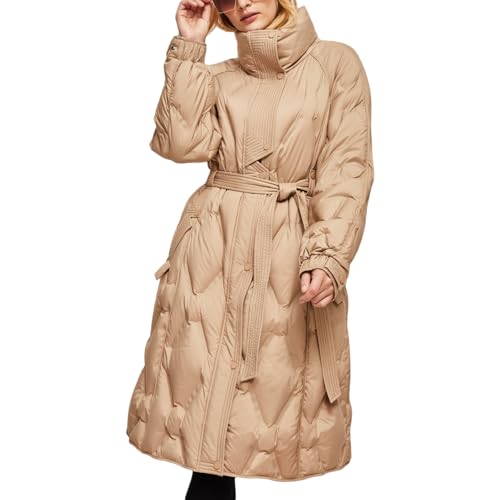 RUIBAOBAO Daunenjacke für Damen Lang Puffer-Oberbekleidung Revers Dicker Mantel Elastischer Kordelzug Schmale Passform Große Taschen Leicht Outdoor-Reißverschluss Winter,Khaki,M von RUIBAOBAO