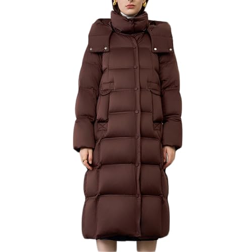 RUIBAOBAO Daunenjacke für Damen Lang Puffer-Oberbekleidung mit Kapuze Dicker Mantel Stehkragen Locker Elastisch Kordelzug Große Taschen Reißverschluss Rotbraun Weiß Winter,Red,Brown von RUIBAOBAO