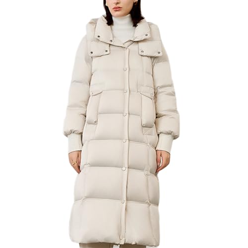 RUIBAOBAO Daunenjacke für Damen Lang Puffer-Oberbekleidung mit Kapuze Dicker Mantel Stehkragen Locker Elastisch Kordelzug Große Taschen Reißverschluss Rotbraun Weiß Winter,White,L von RUIBAOBAO