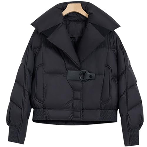 RUIBAOBAO Daunenjacke für Damen Mittellang Gesteppt Stehkragen Revers Lockere Verdickte Freizeit-Oberbekleidung mit Knopfleiste Winter-Outdoor-Puffermantel Warm,Black,M von RUIBAOBAO