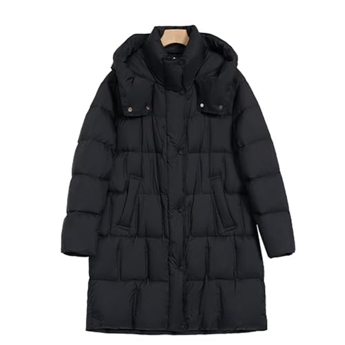 RUIBAOBAO Down Jacket Damen Daunenjacke Knielang Puffer Revers Lockere Kapuze Outdoor Gesteppt Warme Oberbekleidung Leichtigkeit Gepolstert Lässig Winter,Black,M von RUIBAOBAO