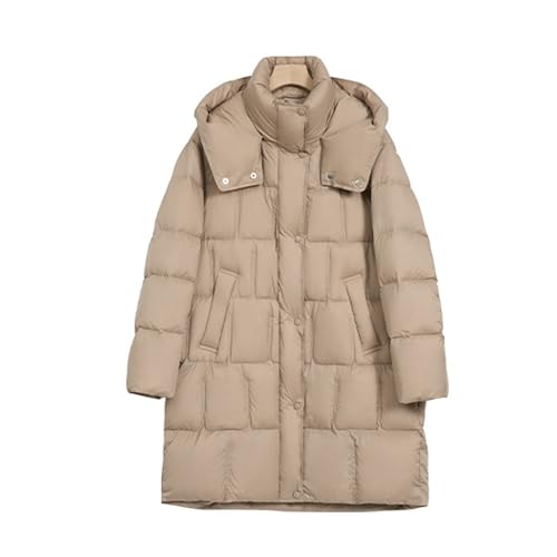 RUIBAOBAO Down Jacket Damen Daunenjacke Knielang Puffer Revers Lockere Kapuze Outdoor Gesteppt Warme Oberbekleidung Leichtigkeit Gepolstert Lässig Winter,Khaki,M von RUIBAOBAO