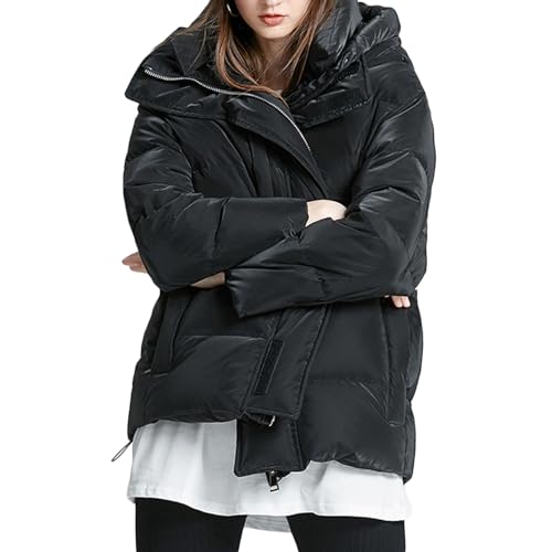 RUIBAOBAO Kurze Daunenjacke Damen Puffer Kapuzenparka Locker Dicker Mantel Gesteppt Große Taschen Outdoor Leicht Reißverschluss Schwarz Lila Winter,Black,XL von RUIBAOBAO