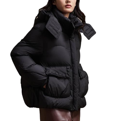 RUIBAOBAO Kurze Daunenjacke für Damen Dicker Mantel Oberbekleidung Puffer mit Kapuze Leicht Locker Warm Isoliert Winter Schwarz Weiß Dunkelgrün Reißverschluss,Black,L von RUIBAOBAO