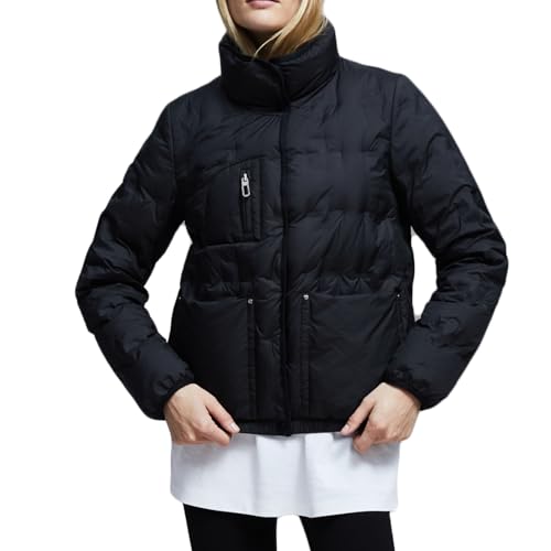 RUIBAOBAO Kurze Daunenjacke für Damen Dicker Mantel Puffer-Oberbekleidung Schmale Passform Stehkragen Reißverschluss Leicht Gesteppt Skianzüge Große Taschen Outdoor,Black,XL von RUIBAOBAO