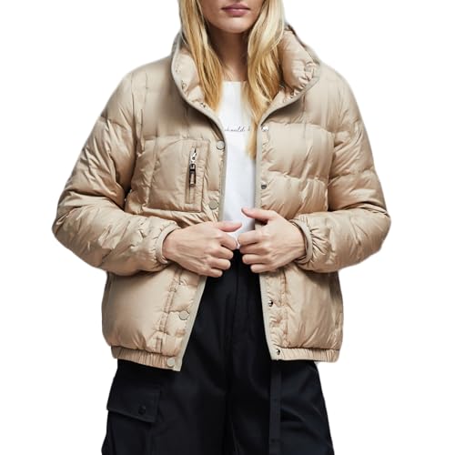 RUIBAOBAO Kurze Daunenjacke für Damen Dicker Mantel Puffer-Oberbekleidung Schmale Passform Stehkragen Reißverschluss Leicht Gesteppt Skianzüge Große Taschen Outdoor,Khali,L von RUIBAOBAO