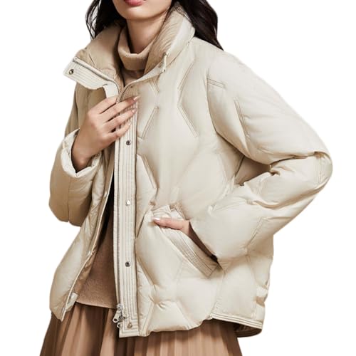 RUIBAOBAO Kurze Daunenjacke für Damen Entenstehkragen Schräge Taschen Dicker Mantel Oberbekleidung Puffer Leicht Locker Warm Isoliert Cremeweiß Khaki Winter,Off,White von RUIBAOBAO