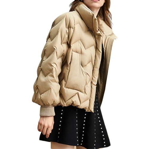 RUIBAOBAO Kurze Daunenjacke für Damen Puffer Dicker Mantel Stehkragen Gesteppt Locker Große Taschen Oberbekleidung Outdoor Leicht Reißverschluss Lila Weiß Schwarz Winter,Khaki,M von RUIBAOBAO