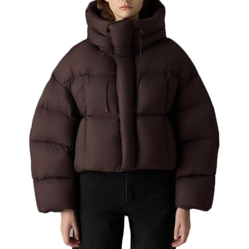 RUIBAOBAO Kurze Daunenjacke für Damen Wintermantel mit Kapuze Lässiges Revers Langärmelig Gepolstert Warm Gesteppt Durchgehender Reißverschluss,Brown,One Size von RUIBAOBAO