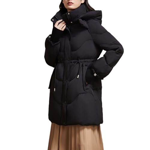 RUIBAOBAO Lange Daunenjacke für Damen Elastischer Kordelzug Puffer Dicker Mantel Schmale Passform Taille Kapuze Oberbekleidung Stehkragen Reißverschluss Weiß Outdoor,Black,XL von RUIBAOBAO