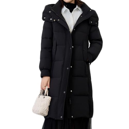 RUIBAOBAO Lange Daunenjacke für Damen Knielang Puffer Verdickte Leichte Oberbekleidung mit Kapuze Reißverschluss Große Taschen Outdoor-Skianzüge Schwarz Braun,Black,L von RUIBAOBAO