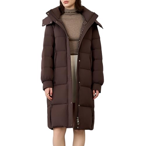 RUIBAOBAO Lange Daunenjacke für Damen Knielang Puffer Verdickte Leichte Oberbekleidung mit Kapuze Reißverschluss Große Taschen Outdoor-Skianzüge Schwarz Braun,Brown,M von RUIBAOBAO