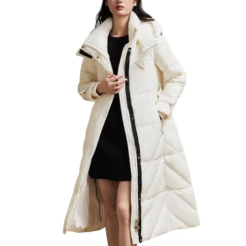 RUIBAOBAO Lange Daunenjacke für Damen Puffer Dicker Mantel Oberbekleidung Kapuze Stehkragen Schmale Passform Taille Einreihig Reißverschluss Weiß/schwarz Leicht Warm Winter,White,M von RUIBAOBAO