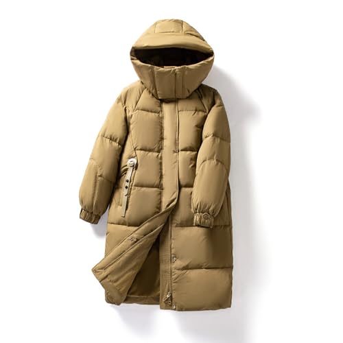 RUIBAOBAO Lange Daunenjacke für Damen mit Kapuze Schmale Passform Stehkragen Isoliert Dicker Mantel Oberbekleidung Schräge Taschen Puffer Goose Leicht Winter,Brown,M von RUIBAOBAO