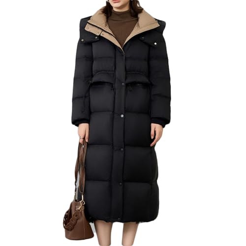 RUIBAOBAO Lange Daunenjacke mit Kapuze für Damen Gesteppter Puffermantel Leichter Wintermantel mit Reißverschluss Warmer Winterparka Oberbekleidung Große Taschen,Black,L von RUIBAOBAO