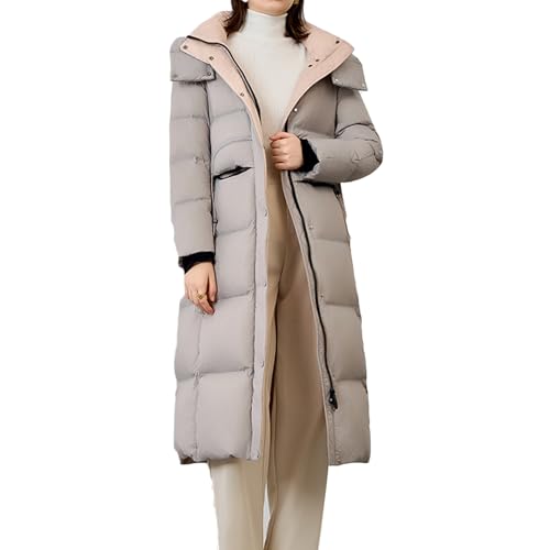 RUIBAOBAO Lange Daunenjacke mit Kapuze für Damen Gesteppter Puffermantel Leichter Wintermantel mit Reißverschluss Warmer Winterparka Oberbekleidung Große Taschen,Gray,S von RUIBAOBAO