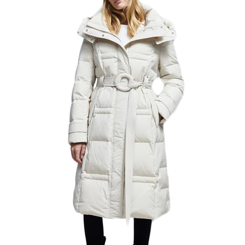 RUIBAOBAO Lange Puffer-Daunenjacke für Damen mit Kapuze Knielanges Revers Outdoor-Skianzüge Leichtigkeit Dicker Mantel Reißverschluss Große Taschen Oberbekleidung,White,M von RUIBAOBAO