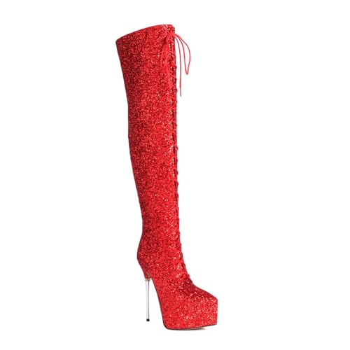 RUIBAOBAO Overknee Stiefel Pumps für Damen Modischer Trend Bühnenauftritt Laufsteg Super High Heel wasserdichte Plattform Herbst und Winter Nachtclub Stiletto Tanzparty,Red,35 von RUIBAOBAO