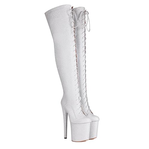 RUIBAOBAO Overknee-Stiefel für Damen 20 cm Superhoher Absatz Wasserdicht Plateau Modische Pumps Kleid Trend Bühne Laufste Performance Herbst und Winter,Silver,35 von RUIBAOBAO