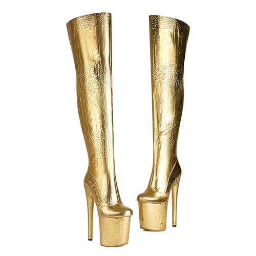 RUIBAOBAO Overknee-Stiefel für Damen 20 cm Superhoher Absatz Wasserdicht Plateau Trend Bühne Laufsteg Performance Herbst und Winter Nachtclub Mode Kleid,Gold,43 von RUIBAOBAO