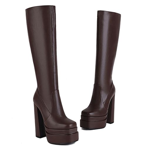 RUIBAOBAO Overknee-Stiefel für Damen Klobiger Absatz Herbst und Winter Ultrahohe Absätze wasserdichte Plateau-Pumps Schuhe Modisch Bequem Tanzpartys,Brown,34 von RUIBAOBAO