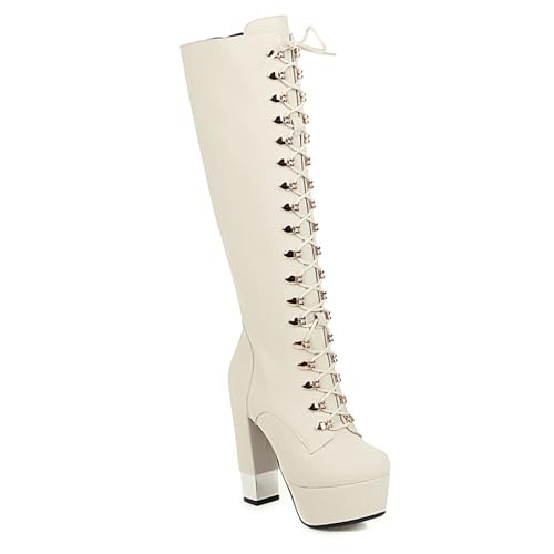 RUIBAOBAO Overknee-Stiefel für Damen Modisch Bequem Klobiger Silberner Stiefel Bühnen-/Laufsteg-Performance-Modell Superhoher Absatz wasserdichte Plateau-Pumps für Herbst und Winter Party,White,37 von RUIBAOBAO