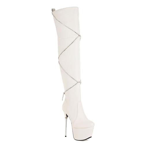 RUIBAOBAO Overknee-Stiefel für Damen Modisch Bequem Overknee-Stiefel Aus Rindsleder für Bühnenshows Ultrahohe Absätze wasserdichte Plateau-Pumps für Herbst und Winter Partykleid,White,38 von RUIBAOBAO