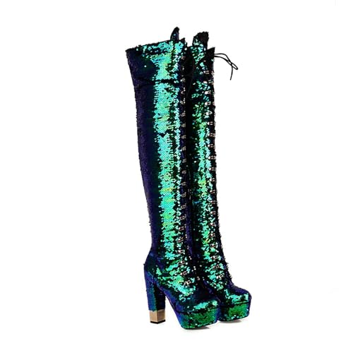 RUIBAOBAO Overknee-Stiefel für Damen Modische Pailletten für die Bühne Den Laufsteg Ultrahoher Absatz Klobige wasserdichte Plateau-Pumps Kleid Herbst und Winter Nachtclub,Green,41 von RUIBAOBAO