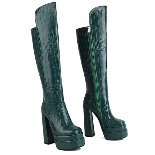 RUIBAOBAO Overknee-Stiefel für Damen Pumps Party Hochzeitskleid Modisch Herbst und Winter Super-High-Heel-Stiefel Klobige Absätze Wasserdicht Plateau Tanzkleid,Green,42 von RUIBAOBAO