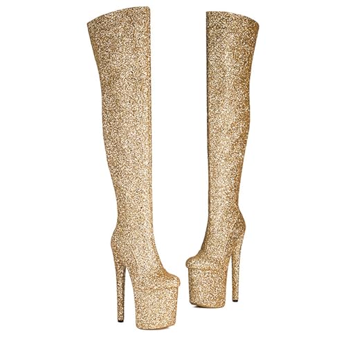 RUIBAOBAO Overknee-Stiefel für Damen Stiletto Wasserdicht Plateau Trend Bühne Laufsteg Performance Herbst und Winter Pumps Party Hochzeitskleid Mode,Gold,34 von RUIBAOBAO