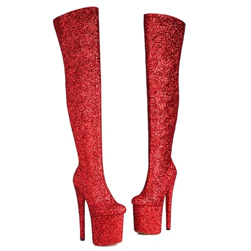 RUIBAOBAO Overknee-Stiefel für Damen Stiletto Wasserdicht Plateau Trend Bühne Laufsteg Performance Herbst und Winter Pumps Party Hochzeitskleid Mode,Red,34 von RUIBAOBAO