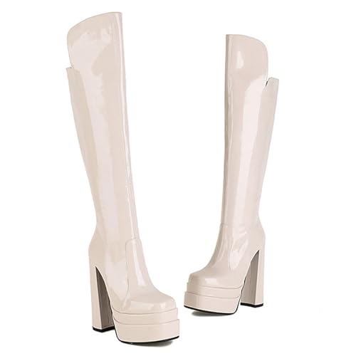 RUIBAOBAO Overknee-Stiefel für Damen Wasserdicht Plateaustiefel mit 15 cm Hohem Absatz Herbst- und Wintermode Bequeme Pumps mit Klobigen Absätzen Party,White,40 von RUIBAOBAO