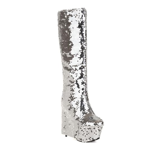 RUIBAOBAO Overknee-Stiefel für Damen mit Pailletten Zum Umdrehen Trendige Pumps für Bühnen- und Laufstegauftritte Stilettos Superhoher Absatz wasserdichte Plateau-Tanzparty,Silver,37 von RUIBAOBAO