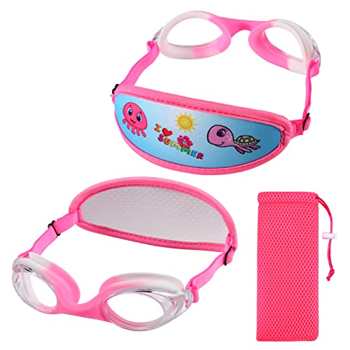 RUIGAO Schwimmbrille für Kinder, Alter 2–6 Jahre, Stoffband, kein Verknoten/einfaches Anziehen, Kinderbrille mit Etui (Kids Goggles - Fun Sunmer) von RUIGAO