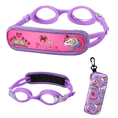 RUIGAO Schwimmbrille für Kinder, Alter 2–6 Jahre, Stoffband, kein Verknoten/einfaches Anziehen, Kinderbrille mit Etui, Violett (Purple Princess) von RUIGAO